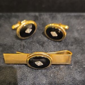 Gold-Tone Tie Clip and Cufflink Set with Black Inset